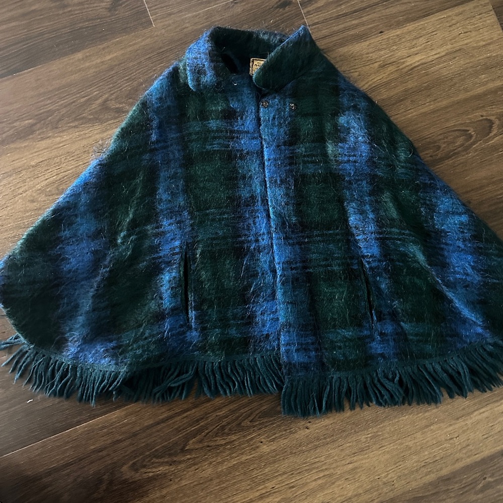 Blue and Green Wool Cape with Fringe